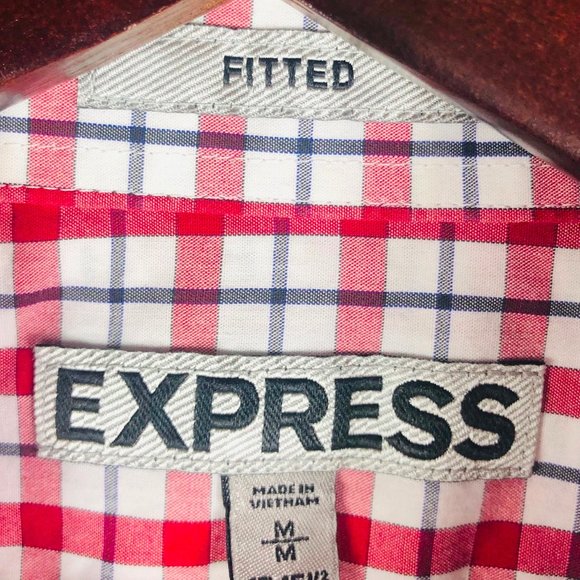 LOT Bundle (2) Express Fitted Mens Medium 15 15.5  Plaid Solid Red Black - Picture 6 of 6